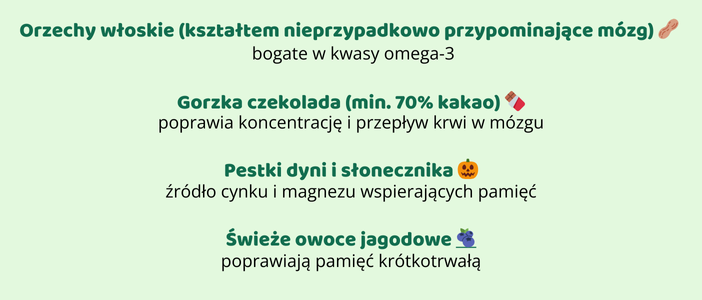 Lista produktów poprawiających pamięć i koncentrację: orzechy włoskie, gorzka czekolada (min. 70% kakao), pestki dyni i słonecznika oraz świeże owoce jagodowe.